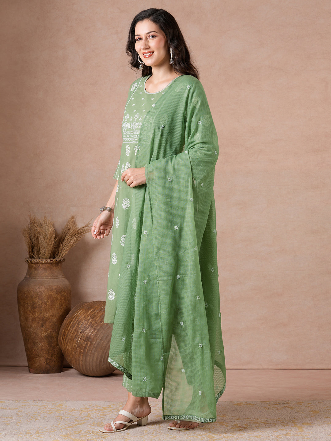 Elegant Cotton printed Straight Fit Kurta Set with Embroidered Yoke & Dupatta.(Green)
