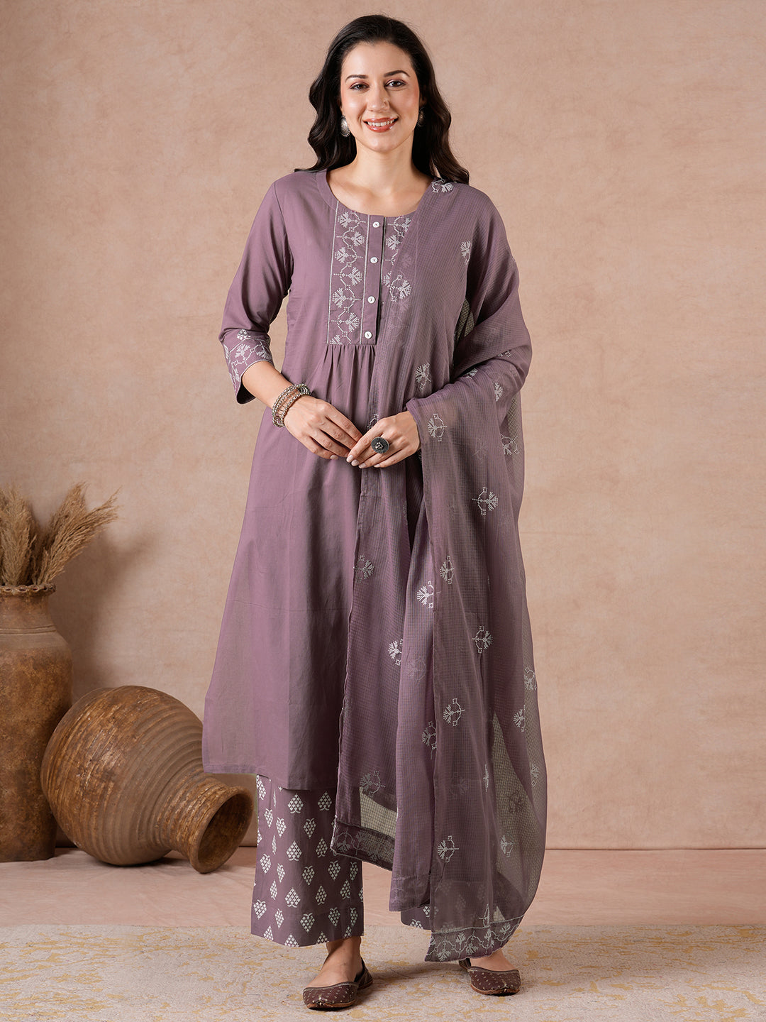 Straight Fit Suit Set with Zonal Embroidery, Printed Bottom & Printed Dupatta.