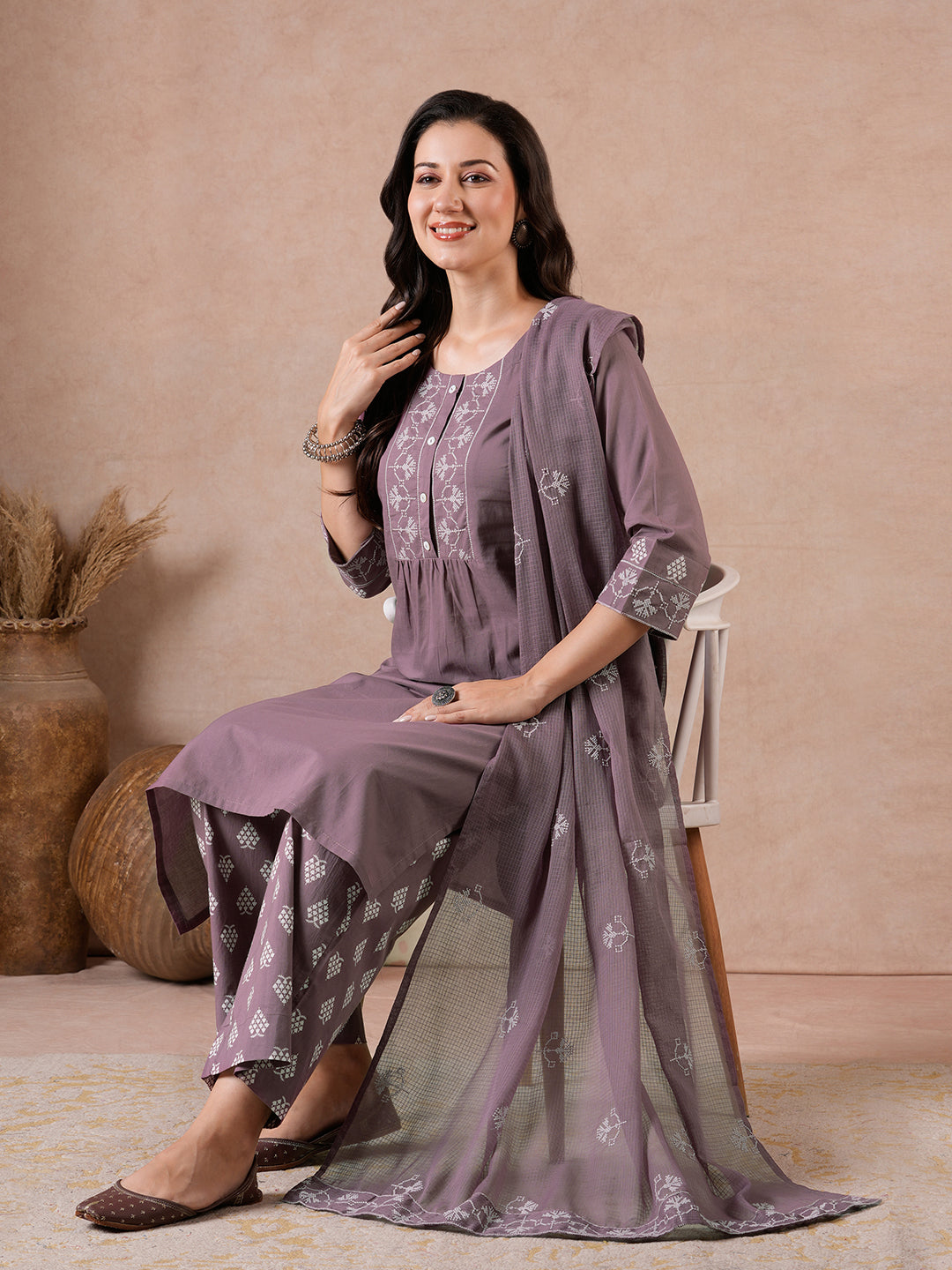 Straight Fit Suit Set with Zonal Embroidery, Printed Bottom & Printed Dupatta.