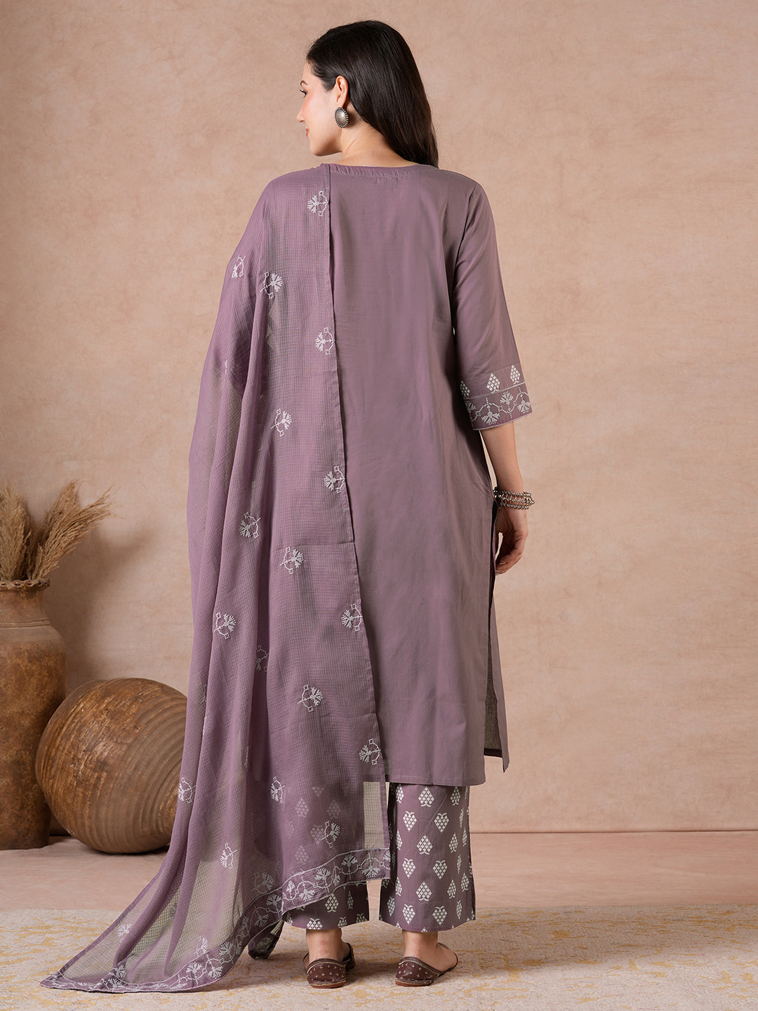 Straight Fit Suit Set with Zonal Embroidery, Printed Bottom & Printed Dupatta.
