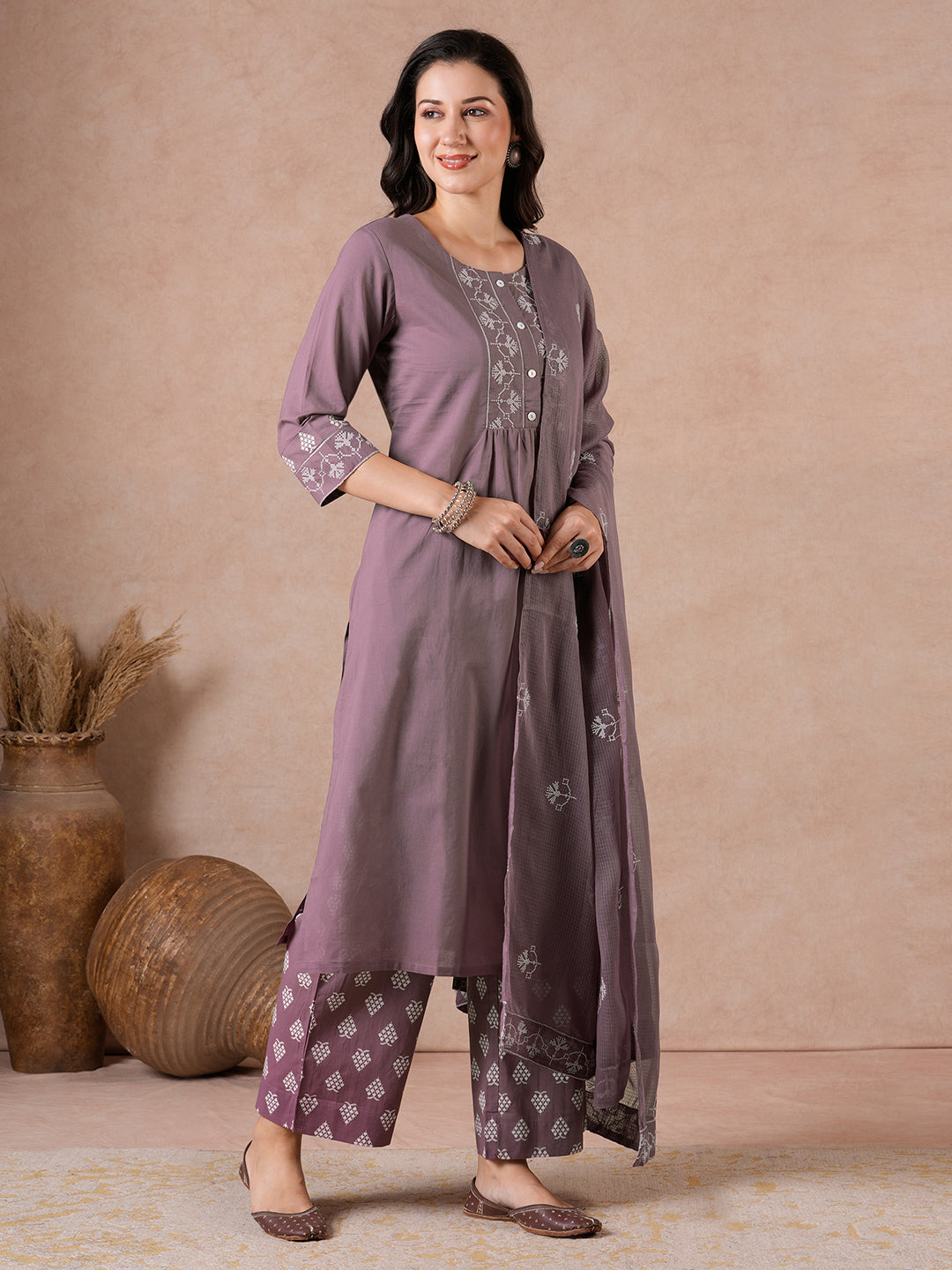 Straight Fit Suit Set with Zonal Embroidery, Printed Bottom & Printed Dupatta.