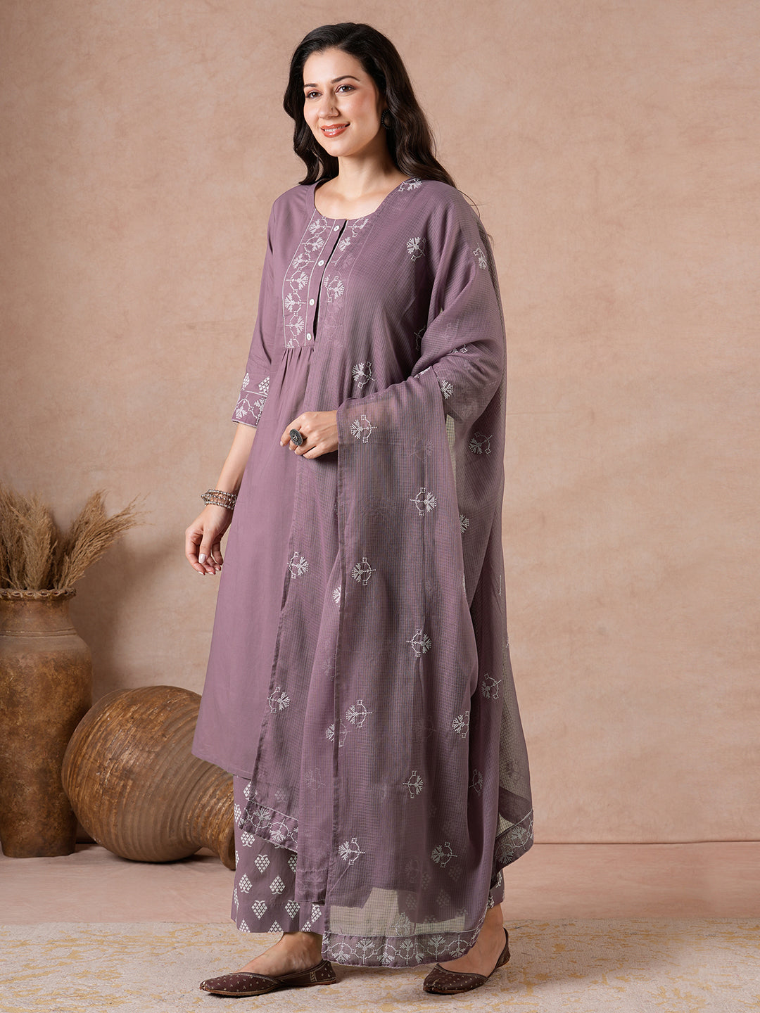Straight Fit Suit Set with Zonal Embroidery, Printed Bottom & Printed Dupatta.