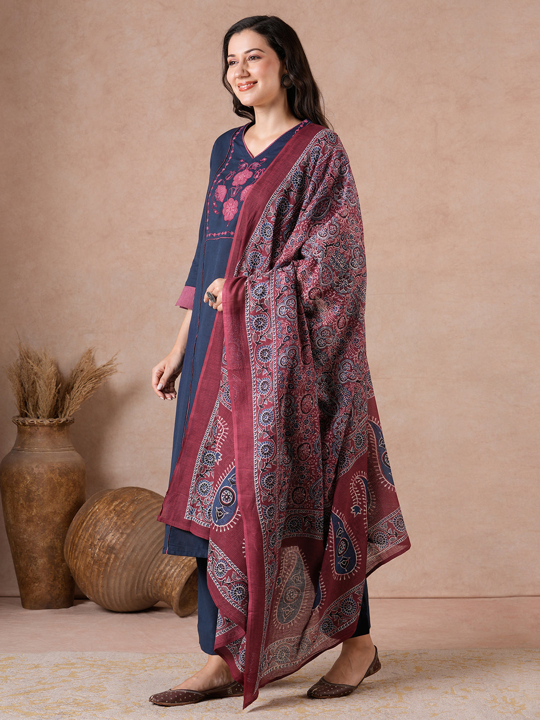 Straight Fit Flex Suit Set with Embroidery Detailing, Printed Palazzo & Dupatta.