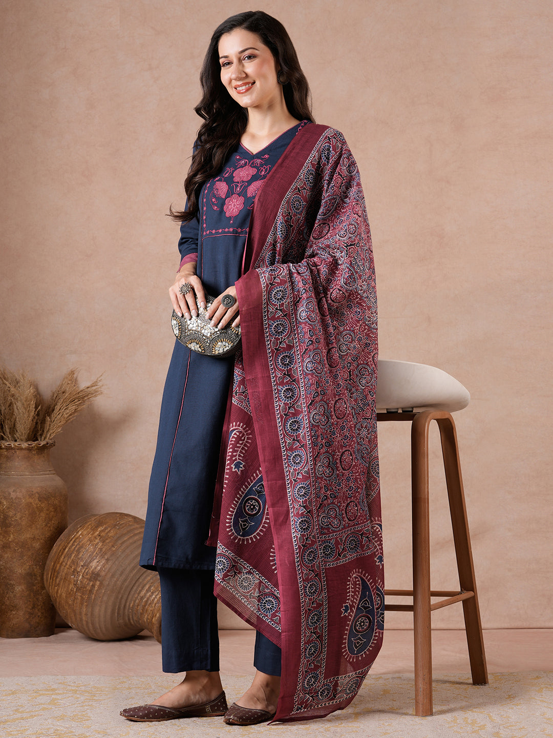 Straight Fit Flex Suit Set with Embroidery Detailing, Printed Palazzo & Dupatta.