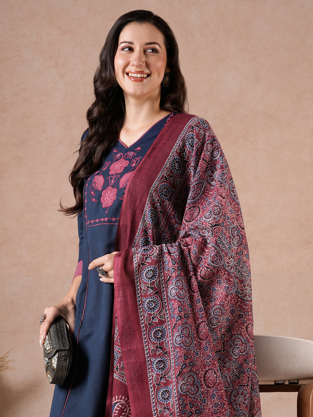 Straight Fit Flex Suit Set with Embroidery Detailing, Printed Palazzo & Dupatta.