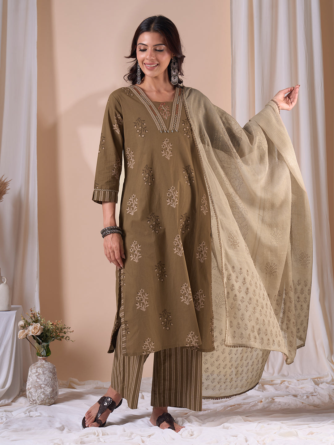 Straight fit cotton Printed Kurta Suit Set with Hand Threadwork, Striped Palazzo & Kota Dupatta.