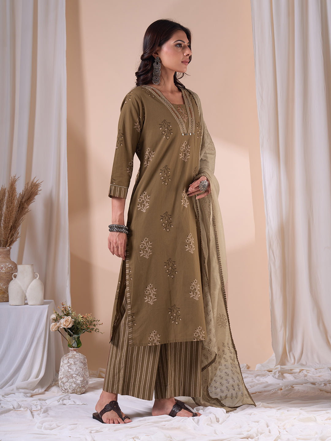 Straight fit cotton Printed Kurta Suit Set with Hand Threadwork, Striped Palazzo & Kota Dupatta.