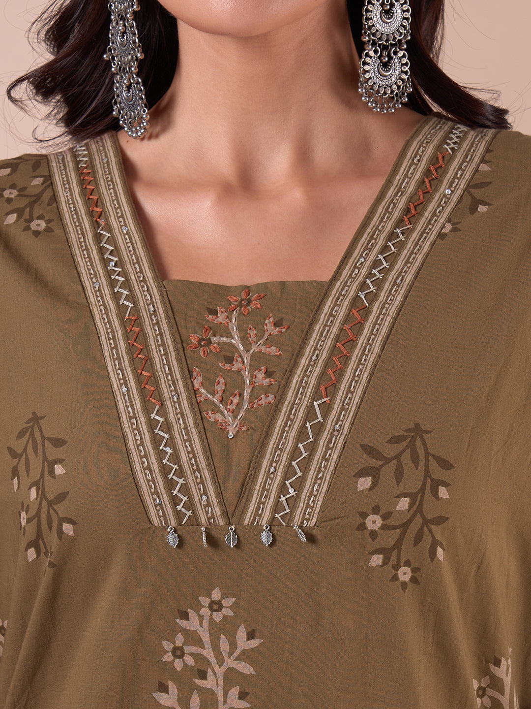 Straight fit cotton Printed Kurta Suit Set with Hand Threadwork, Striped Palazzo & Kota Dupatta.