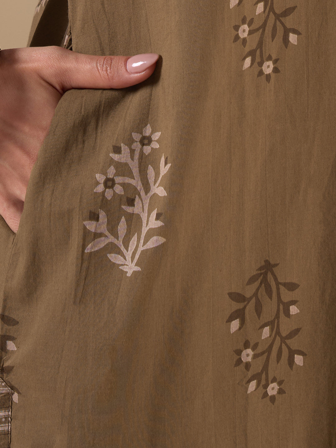 Straight fit cotton Printed Kurta Suit Set with Hand Threadwork, Striped Palazzo & Kota Dupatta.