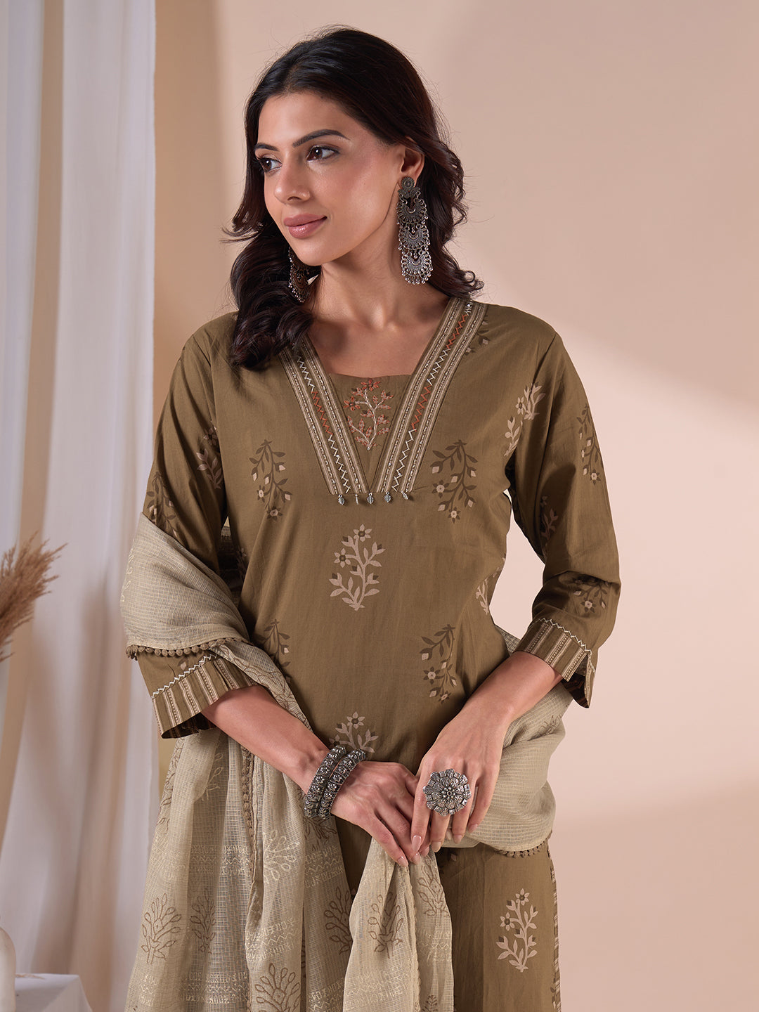 Straight fit cotton Printed Kurta Suit Set with Hand Threadwork, Striped Palazzo & Kota Dupatta.