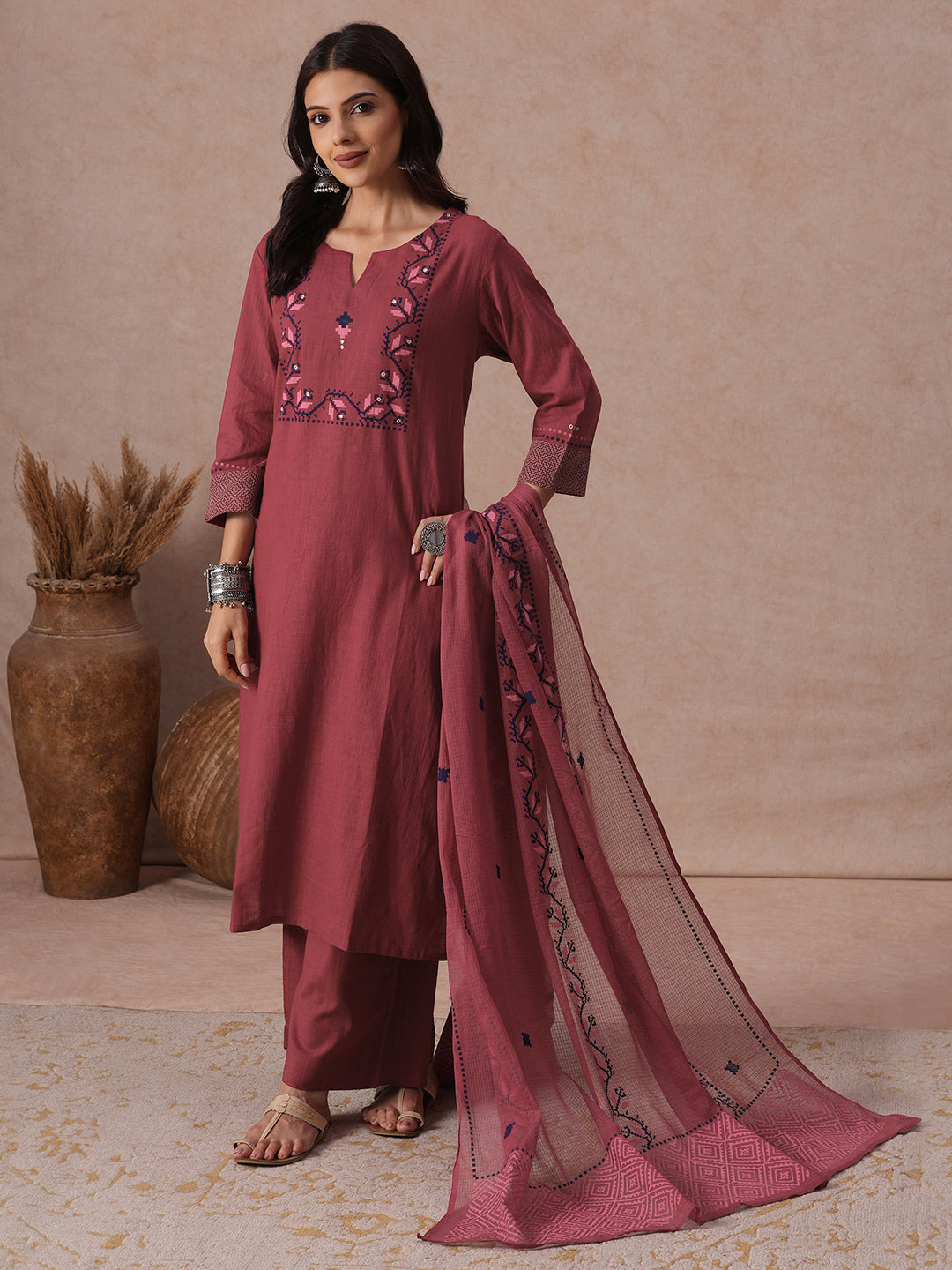 A-line 3-Piece Cotton Kurta Suit Set with Block Print, Mirror Work & Palazoo and Printed Dupatta.