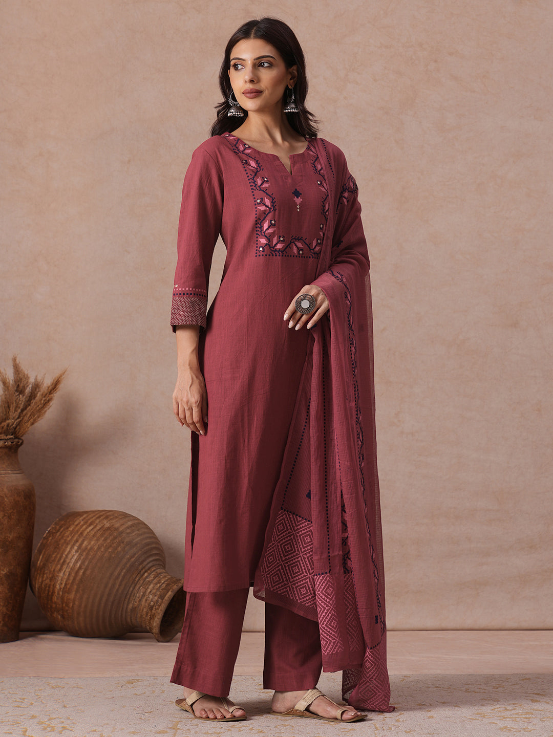 A-line 3-Piece Cotton Kurta Suit Set with Block Print, Mirror Work & Palazoo and Printed Dupatta.