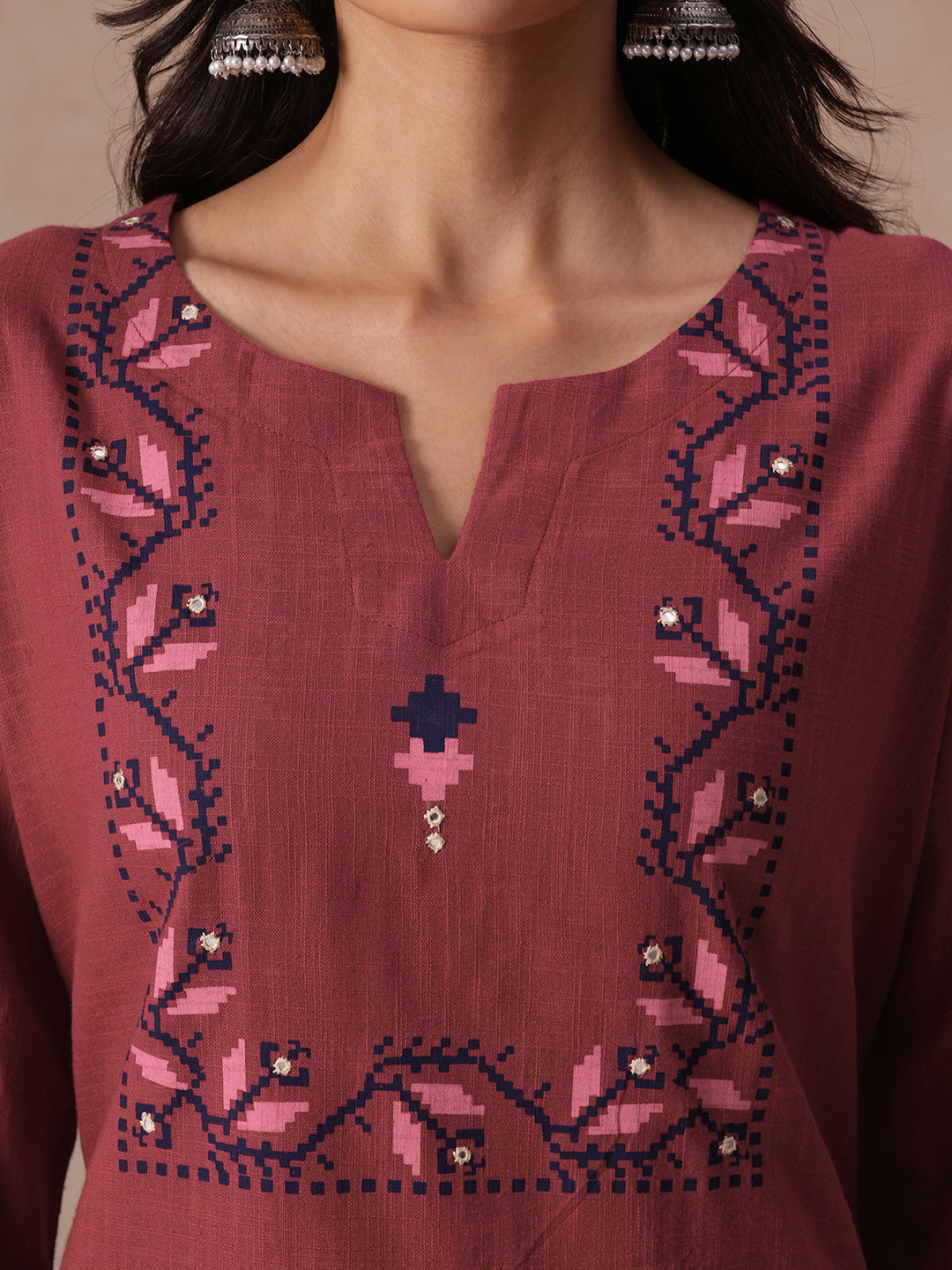 A-line 3-Piece Cotton Kurta Suit Set with Block Print, Mirror Work & Palazoo and Printed Dupatta.