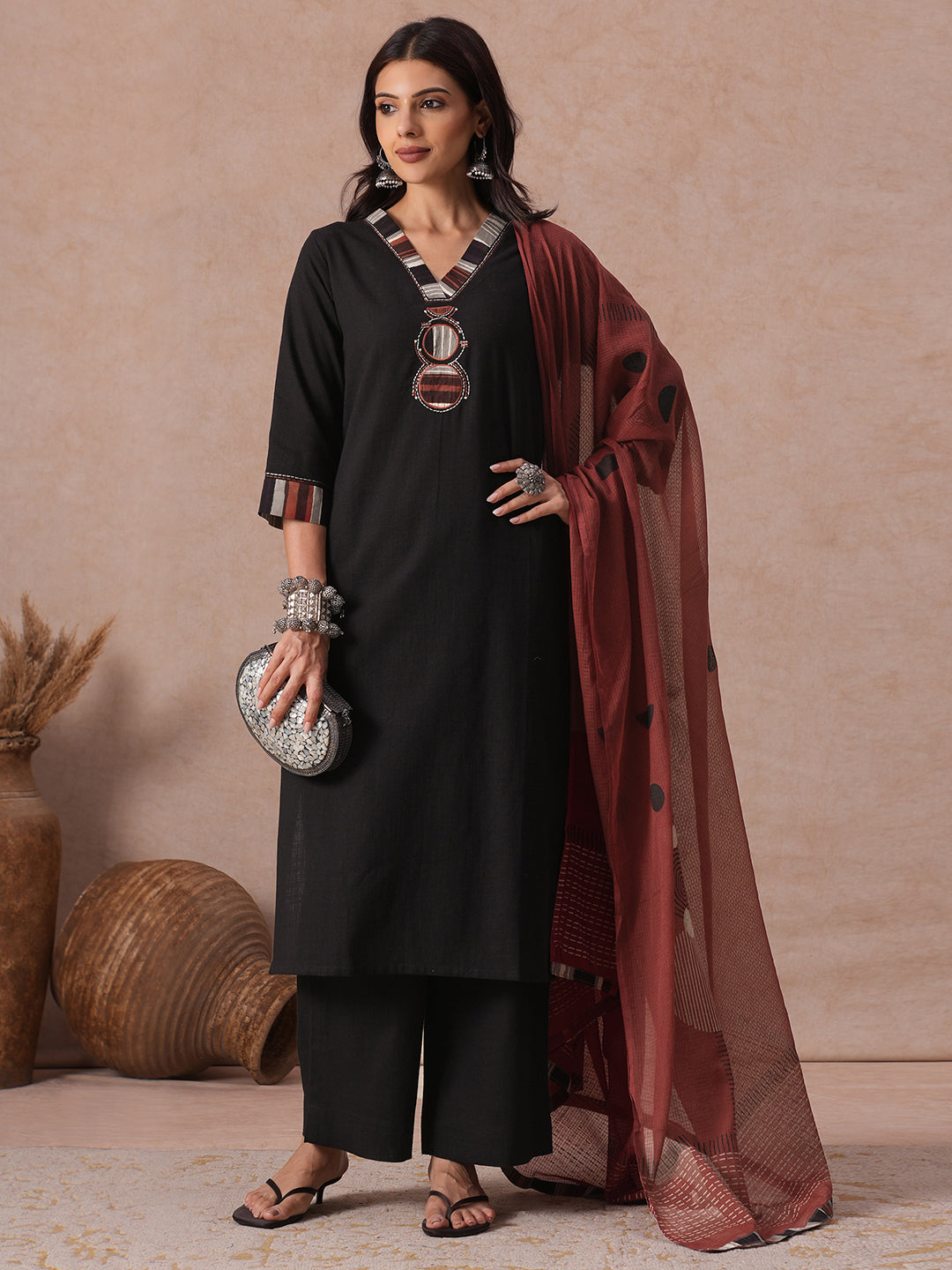 Cotton Straight fit Kurta Suit Set with Embroidered, Neckline Detailing, Bottom and Printed Dupatta.