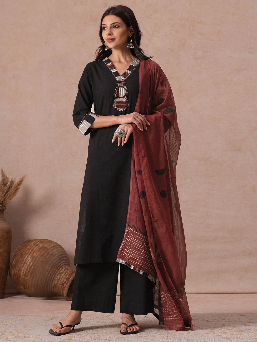 Cotton Straight fit Kurta Suit Set with Embroidered, Neckline Detailing, Bottom and Printed Dupatta.