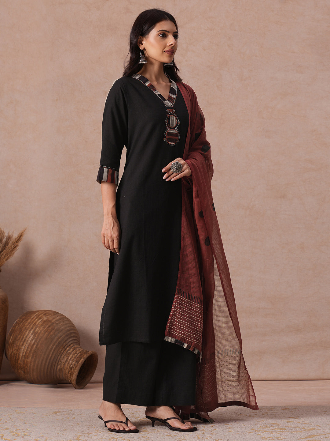 Cotton Straight fit Kurta Suit Set with Embroidered, Neckline Detailing, Bottom and Printed Dupatta.