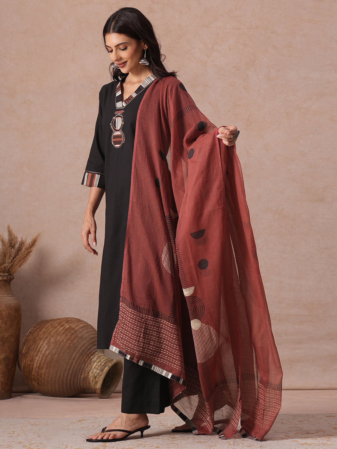 Cotton Straight fit Kurta Suit Set with Embroidered, Neckline Detailing, Bottom and Printed Dupatta.