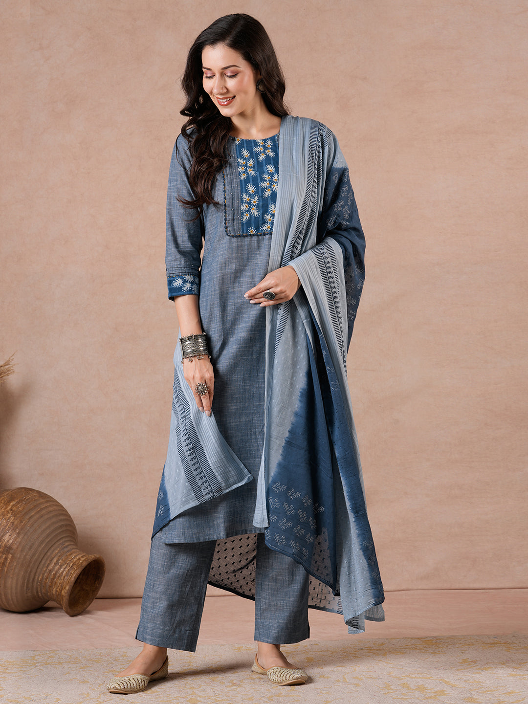 Straight Fit Textured Suit Set with Handwork, Self Bottom & Dobby Dupatta.