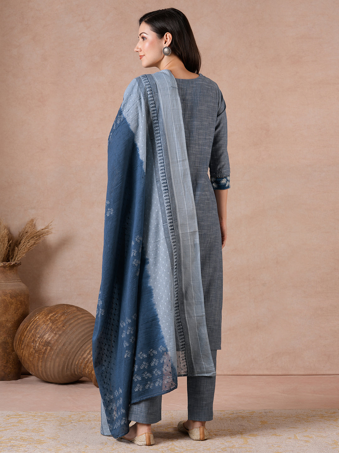 Straight Fit Textured Suit Set with Handwork, Self Bottom & Dobby Dupatta.