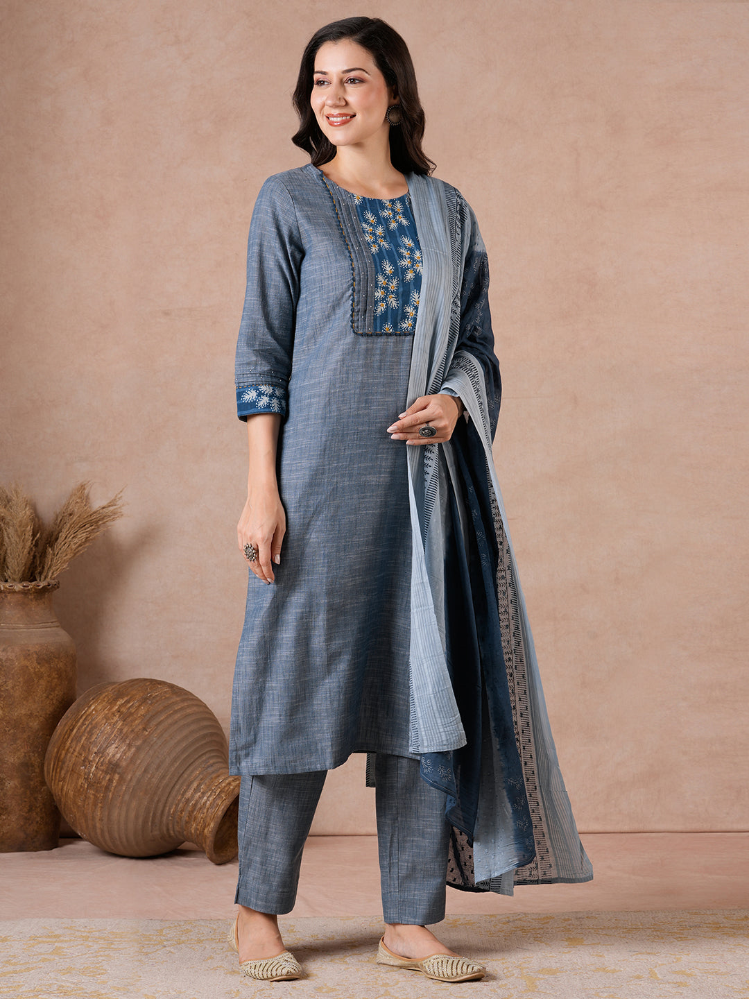 Straight Fit Textured Suit Set with Handwork, Self Bottom & Dobby Dupatta.