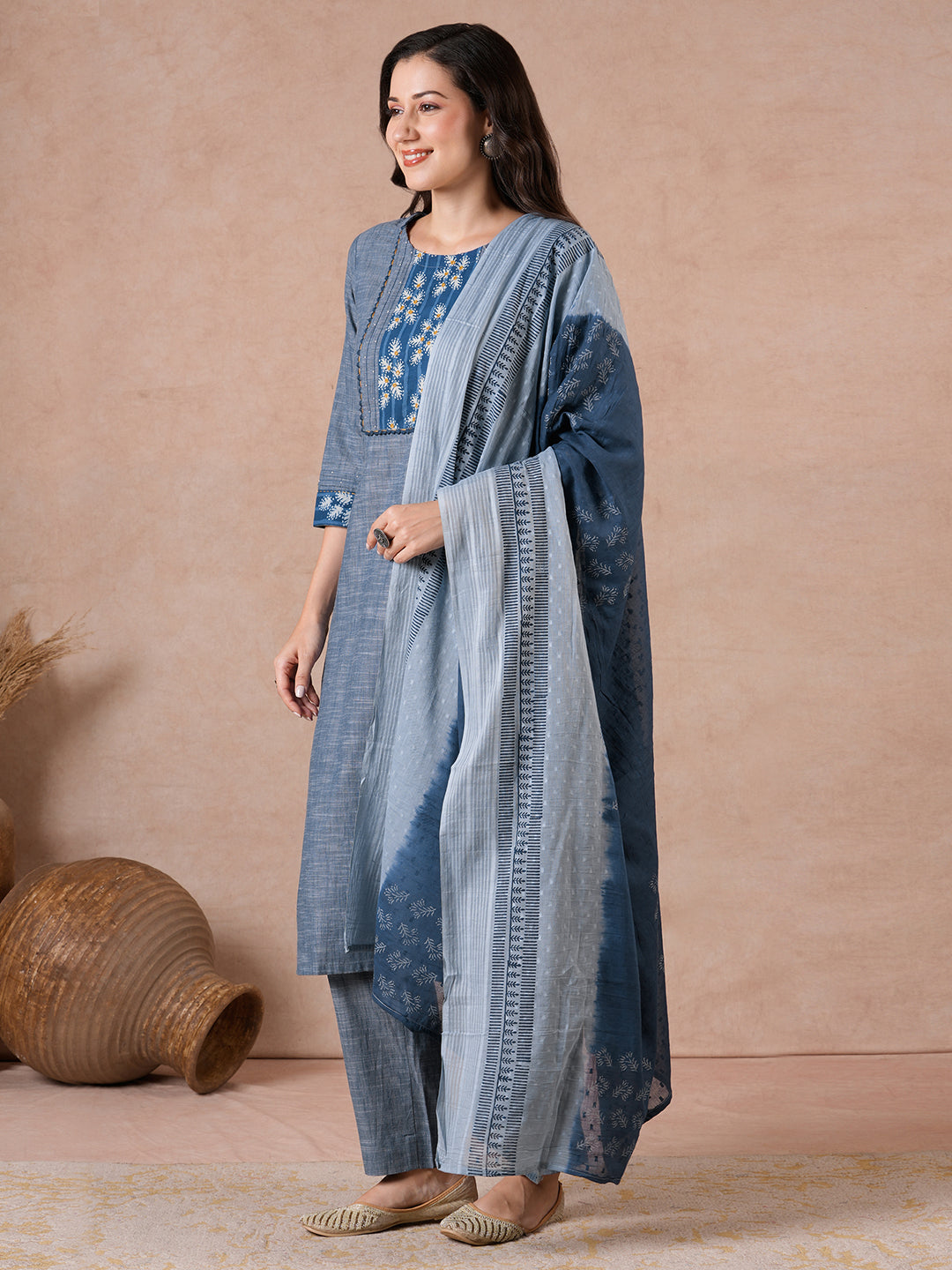Straight Fit Textured Suit Set with Handwork, Self Bottom & Dobby Dupatta.