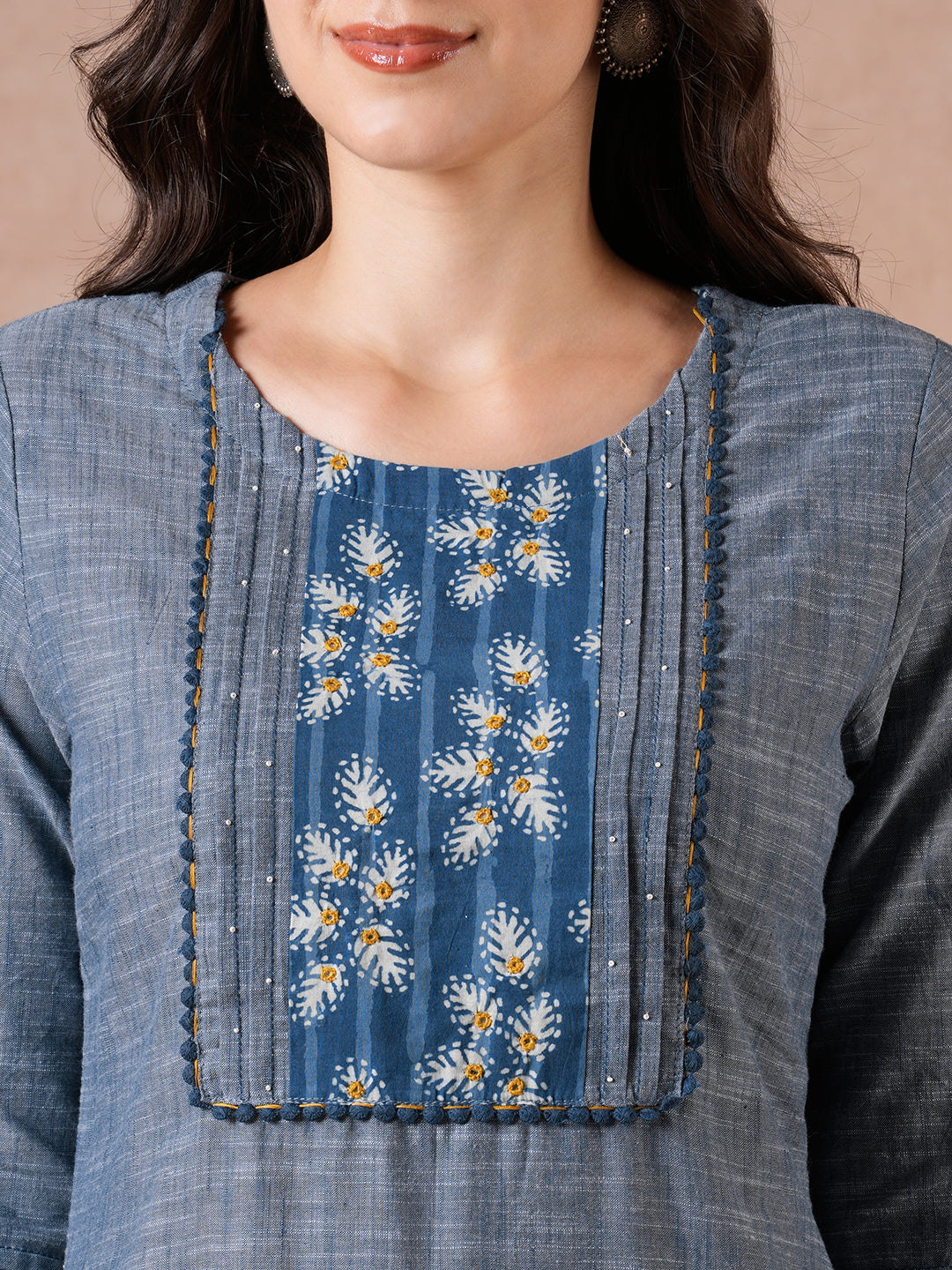 Straight Fit Textured Suit Set with Handwork, Self Bottom & Dobby Dupatta.