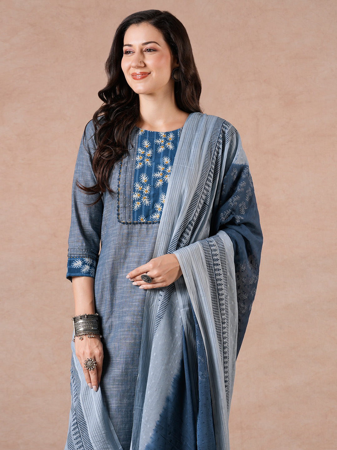 Straight Fit Textured Suit Set with Handwork, Self Bottom & Dobby Dupatta.
