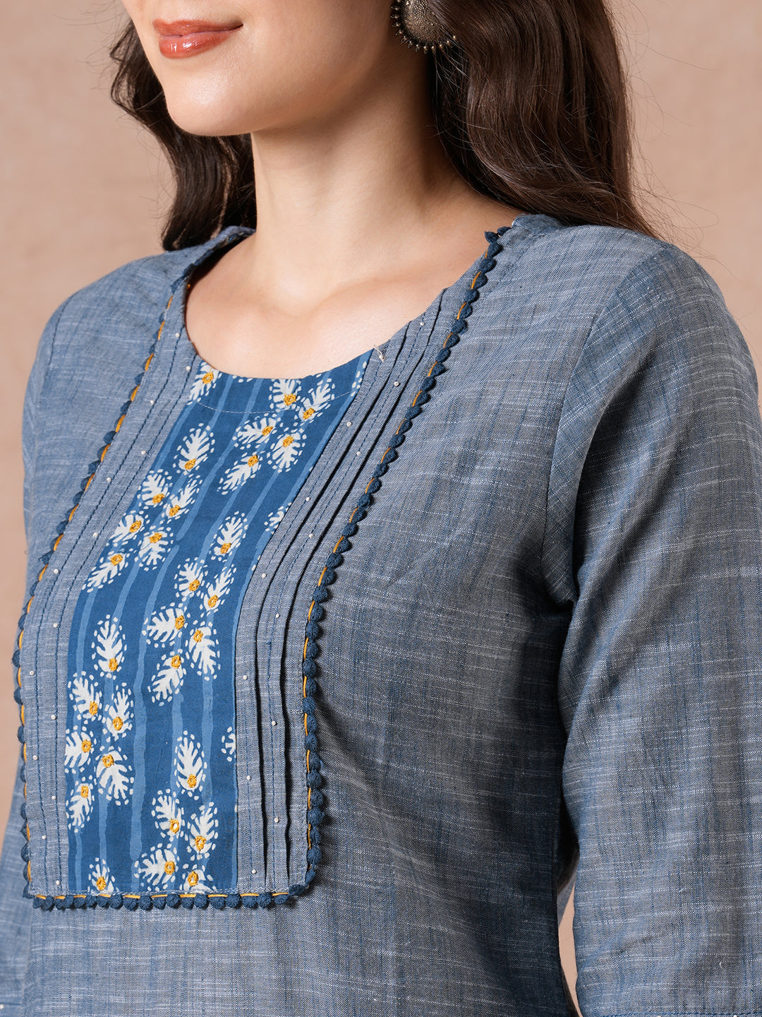 Straight Fit Textured Suit Set with Handwork, Self Bottom & Dobby Dupatta.