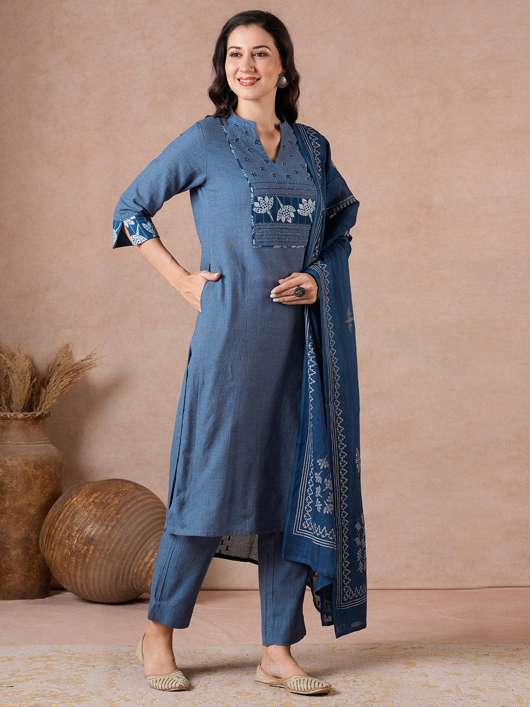 Straight Fit Textured Suit Set with Floral Indigo Trims, Bottom & Dobby Dupatta.