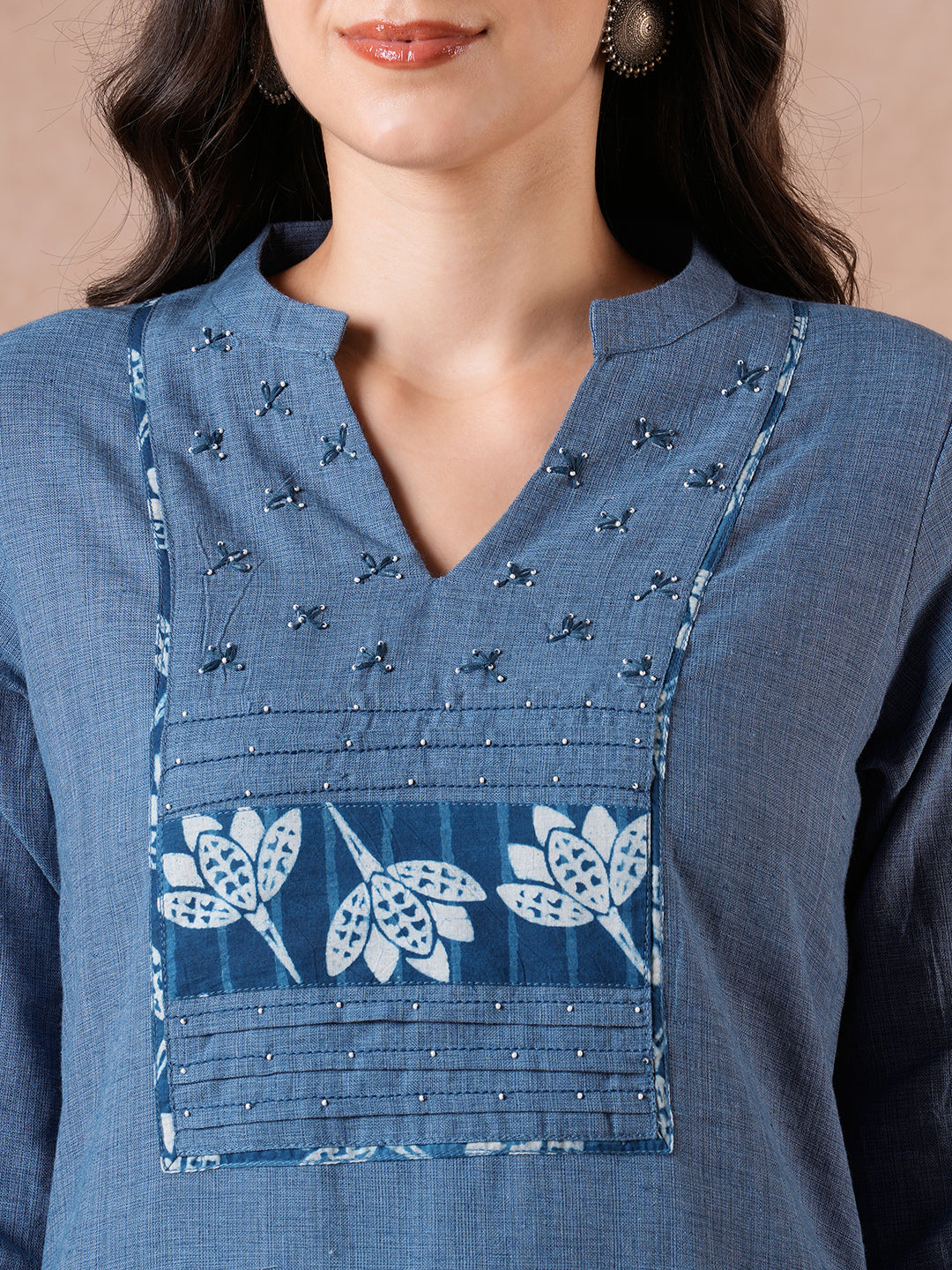 Straight Fit Textured Suit Set with Floral Indigo Trims, Bottom & Dobby Dupatta.