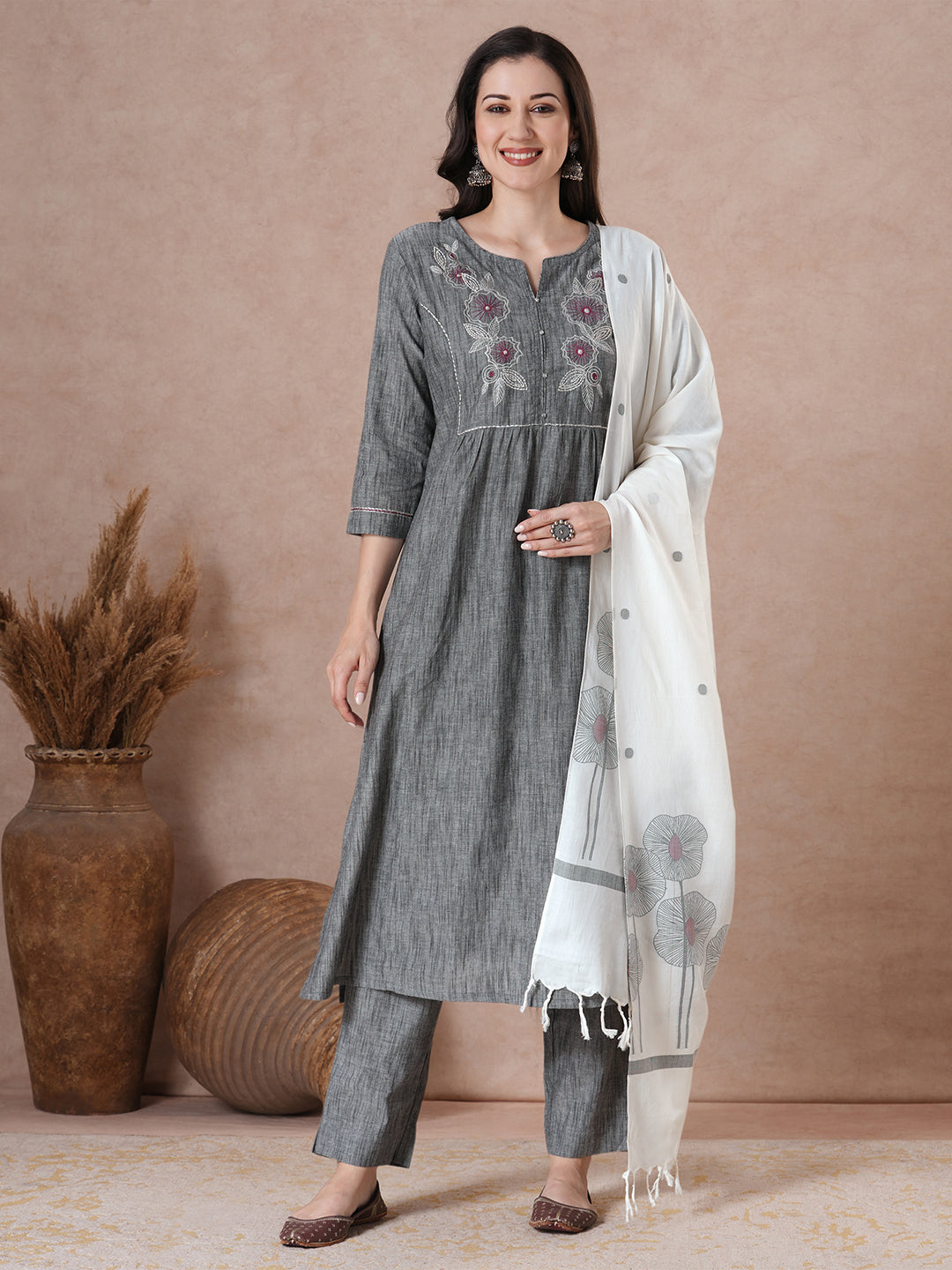 Classic Slate Grey Cotton Kurta Set with Intricate Embroidery, Handloom Dupatta and Self Pants