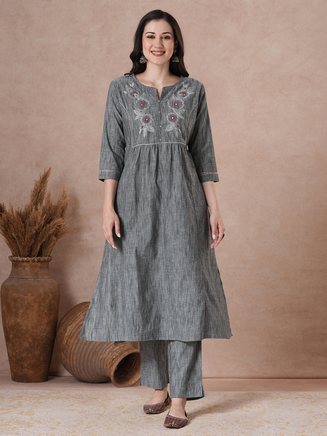 Classic Slate Grey Cotton Kurta Set with Intricate Embroidery, Handloom Dupatta and Self Pants