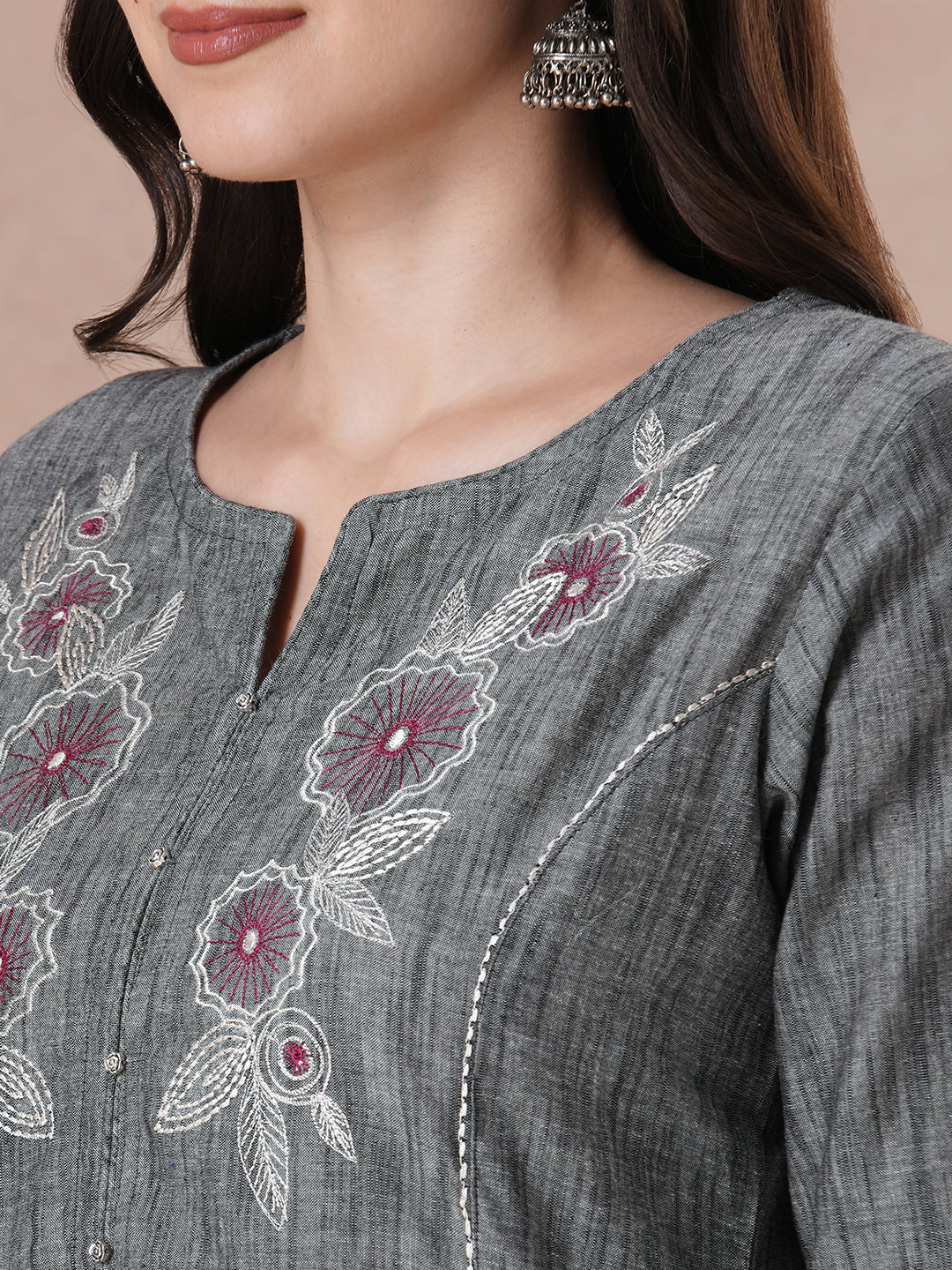 Classic Slate Grey Cotton Kurta Set with Intricate Embroidery, Handloom Dupatta and Self Pants