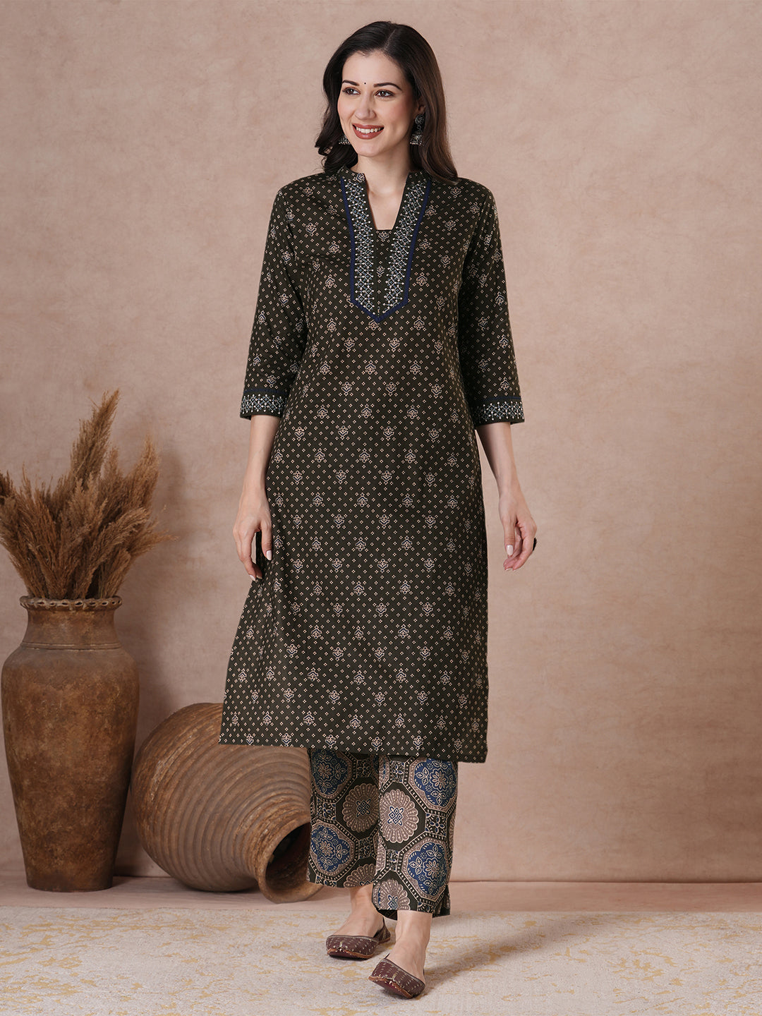 Charcoal Black Micro Print Kurta Set with Lace Detail.