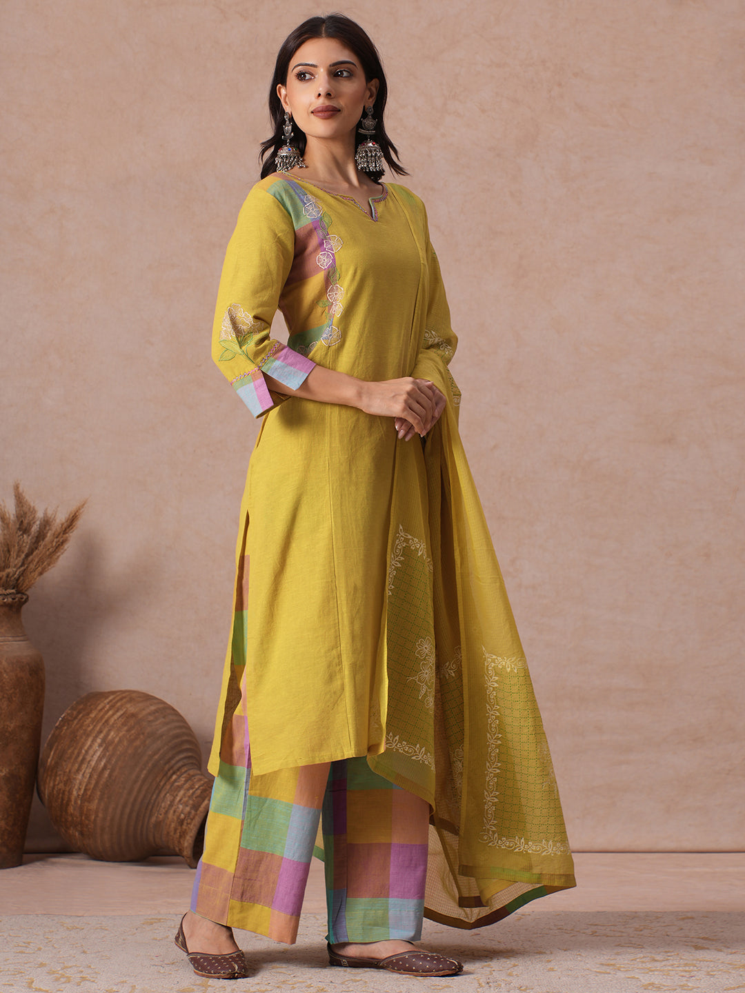 Straight fit Cotton Kurta Set with Embroidery & Handwork and Checkered Palazzos, Solid Kota Dupatta.