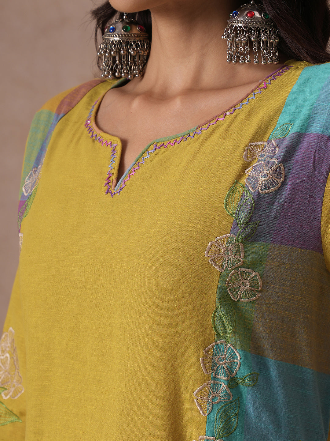 Straight fit Cotton Kurta Set with Embroidery & Handwork and Checkered Palazzos, Solid Kota Dupatta.