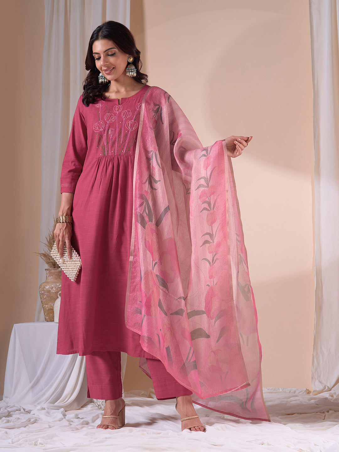 Flared south cotton dupatta Set with dori work, Plain Bottom & Printed Kota Zari Dupatta.
