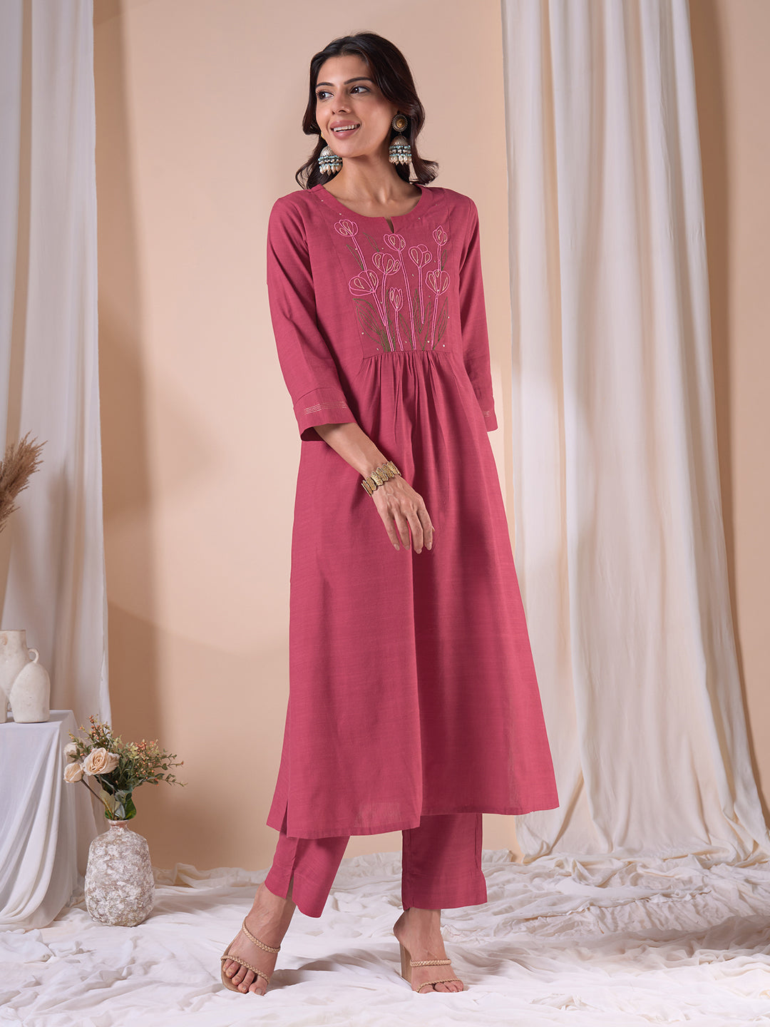 Flared south cotton dupatta Set with dori work, Plain Bottom & Printed Kota Zari Dupatta.