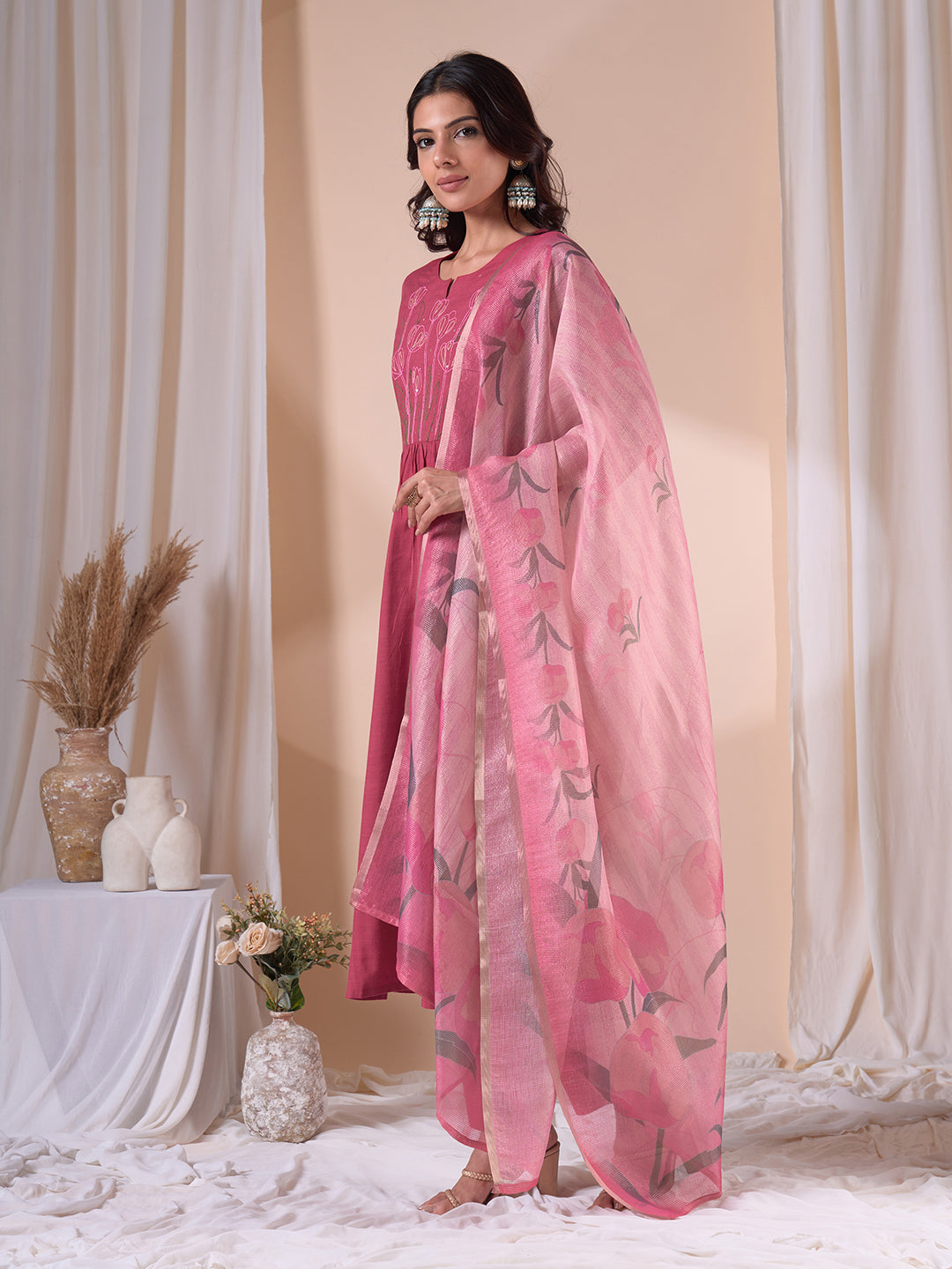 Flared south cotton dupatta Set with dori work, Plain Bottom & Printed Kota Zari Dupatta.