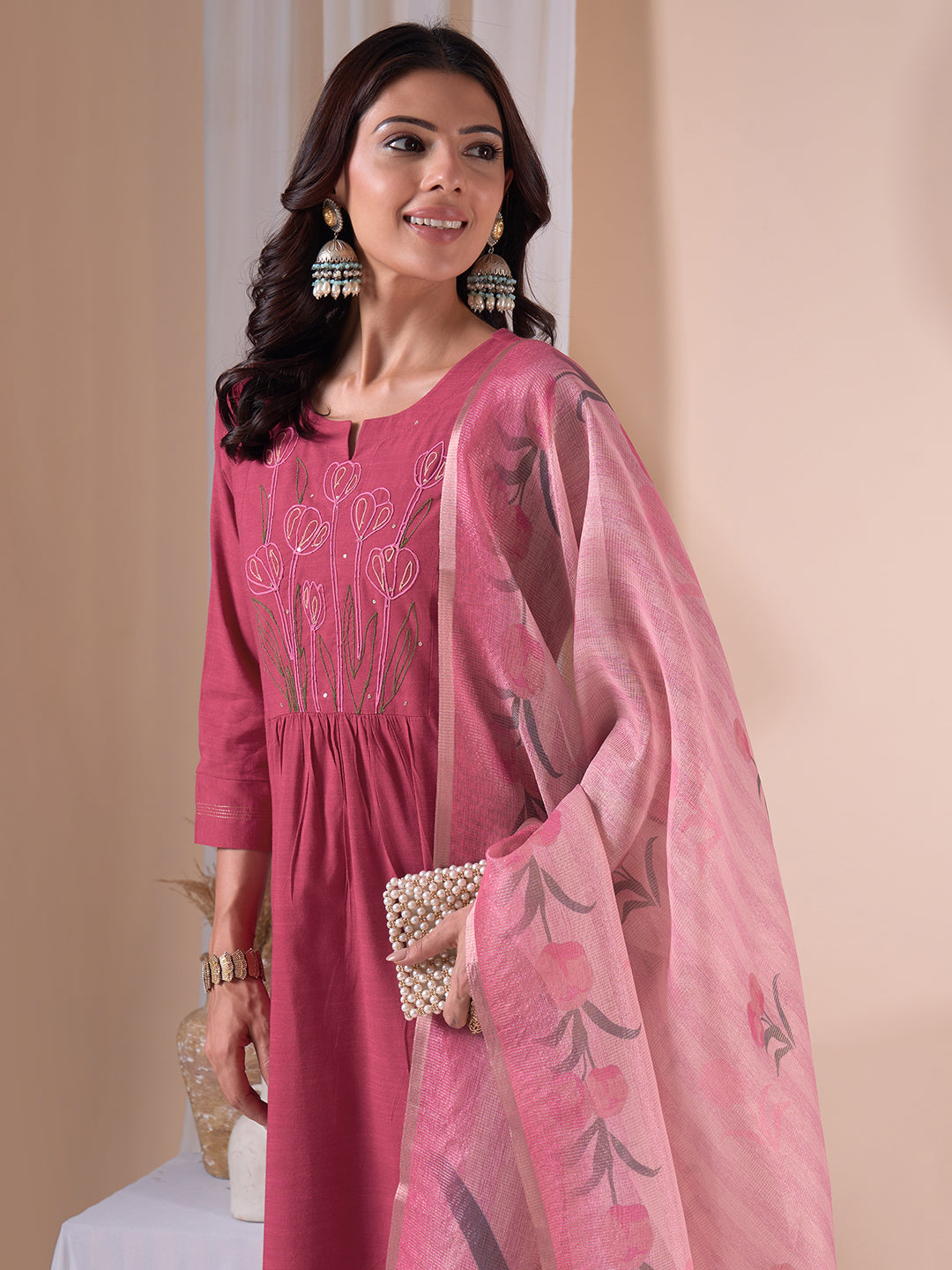 Flared south cotton dupatta Set with dori work, Plain Bottom & Printed Kota Zari Dupatta.