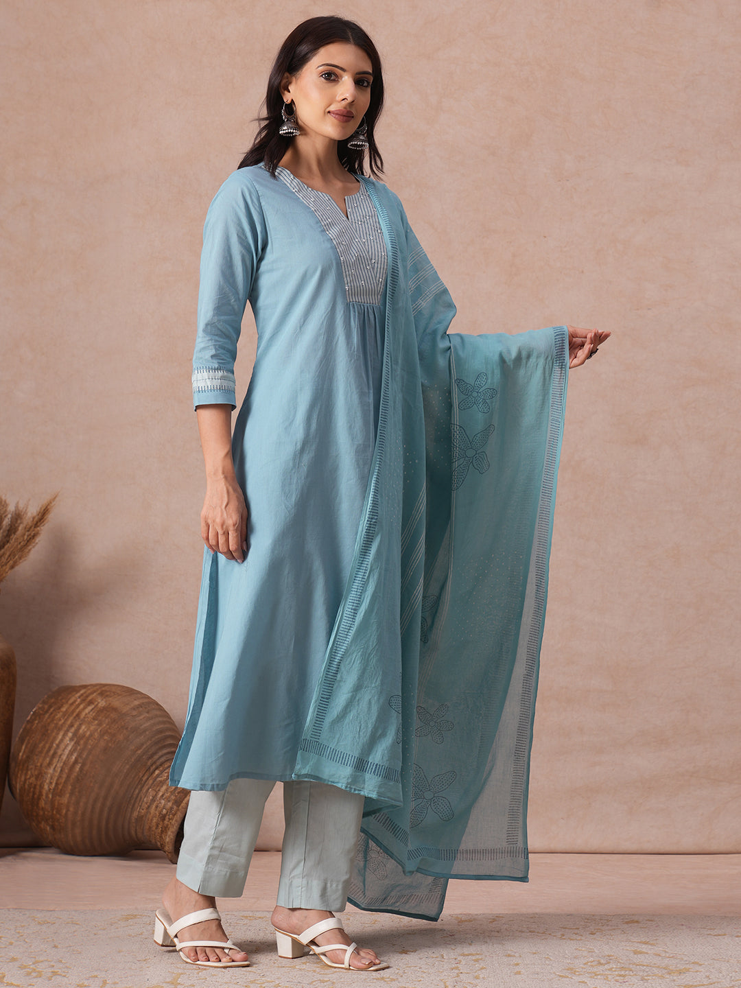 Cotton Flared Kurta Set with Block Print & Handwork, Printed Bottom & Printed Mul Dupatta.