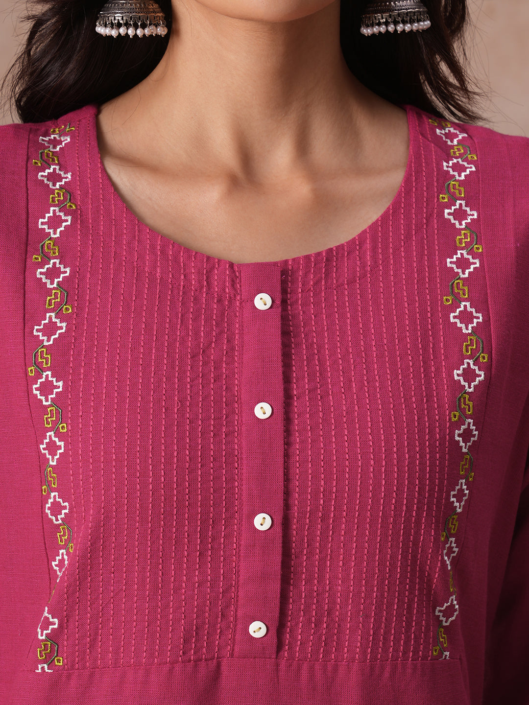 Straight Fit Cotton Kurta Set with Geometric Floral Embroidery, Printed Dupatta & Solid Bottom.