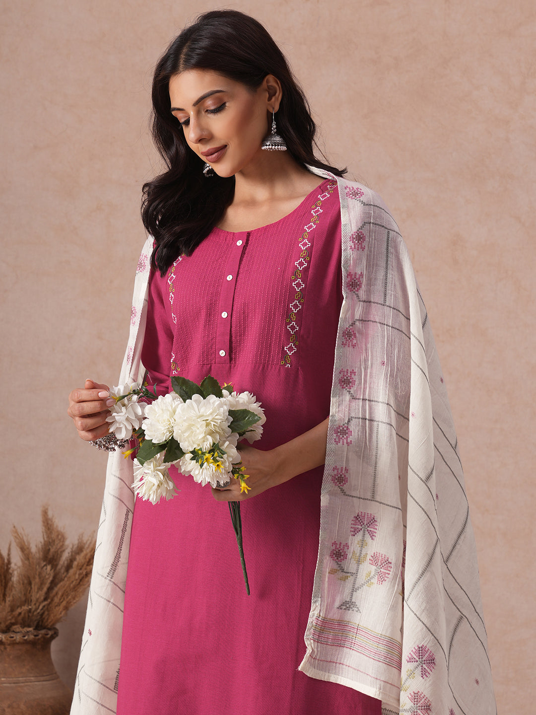 Straight Fit Cotton Kurta Set with Geometric Floral Embroidery, Printed Dupatta & Solid Bottom.