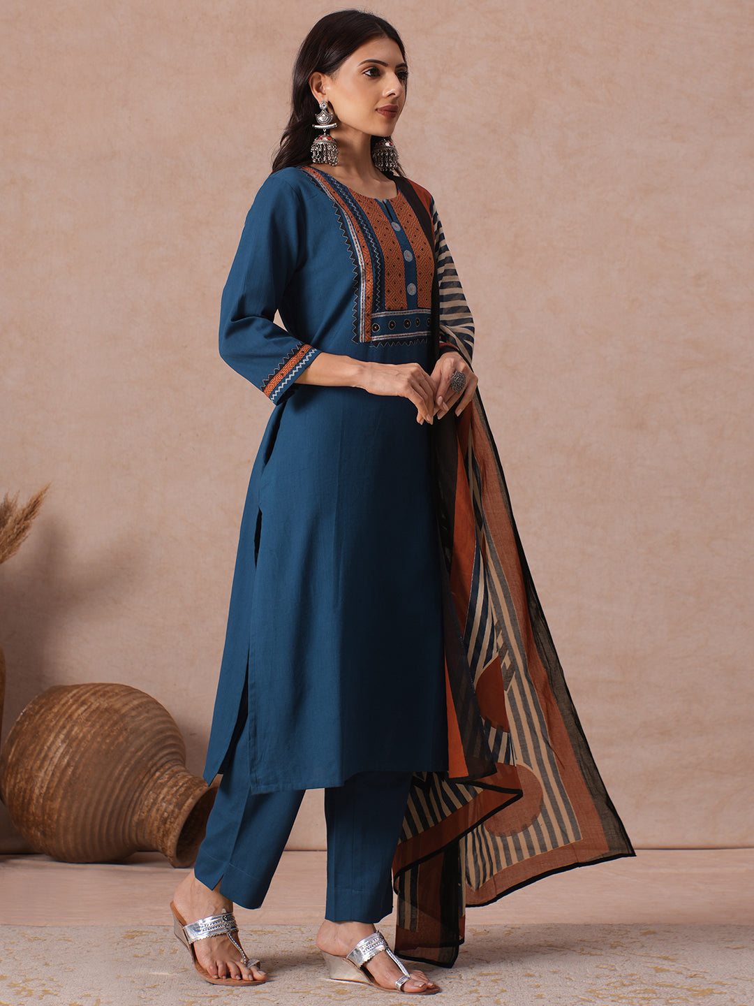 Cotton Straight Fit Kurta Set with Geometric Floral Embroidery, Printed Dupatta & Solid Bottom.