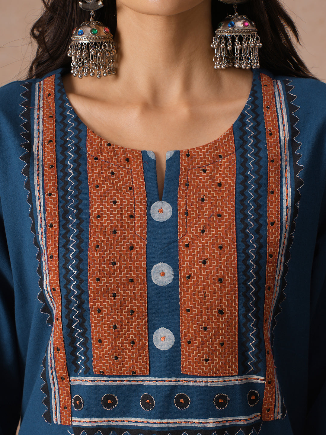 Cotton Straight Fit Kurta Set with Geometric Floral Embroidery, Printed Dupatta & Solid Bottom.