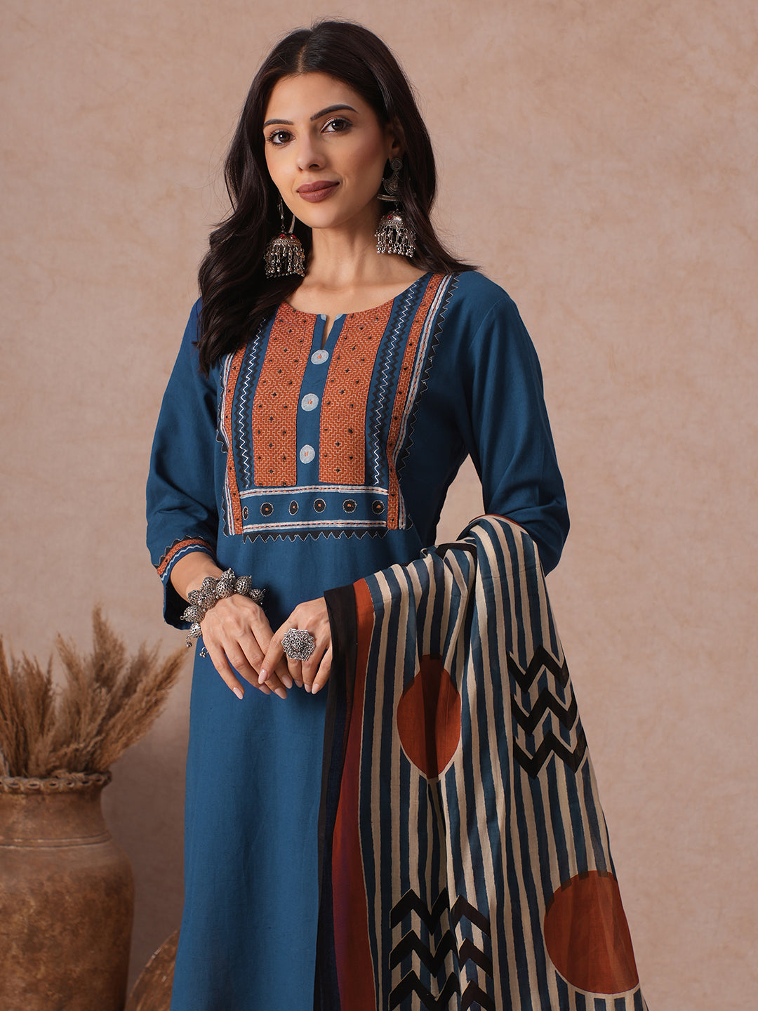Cotton Straight Fit Kurta Set with Geometric Floral Embroidery, Printed Dupatta & Solid Bottom.