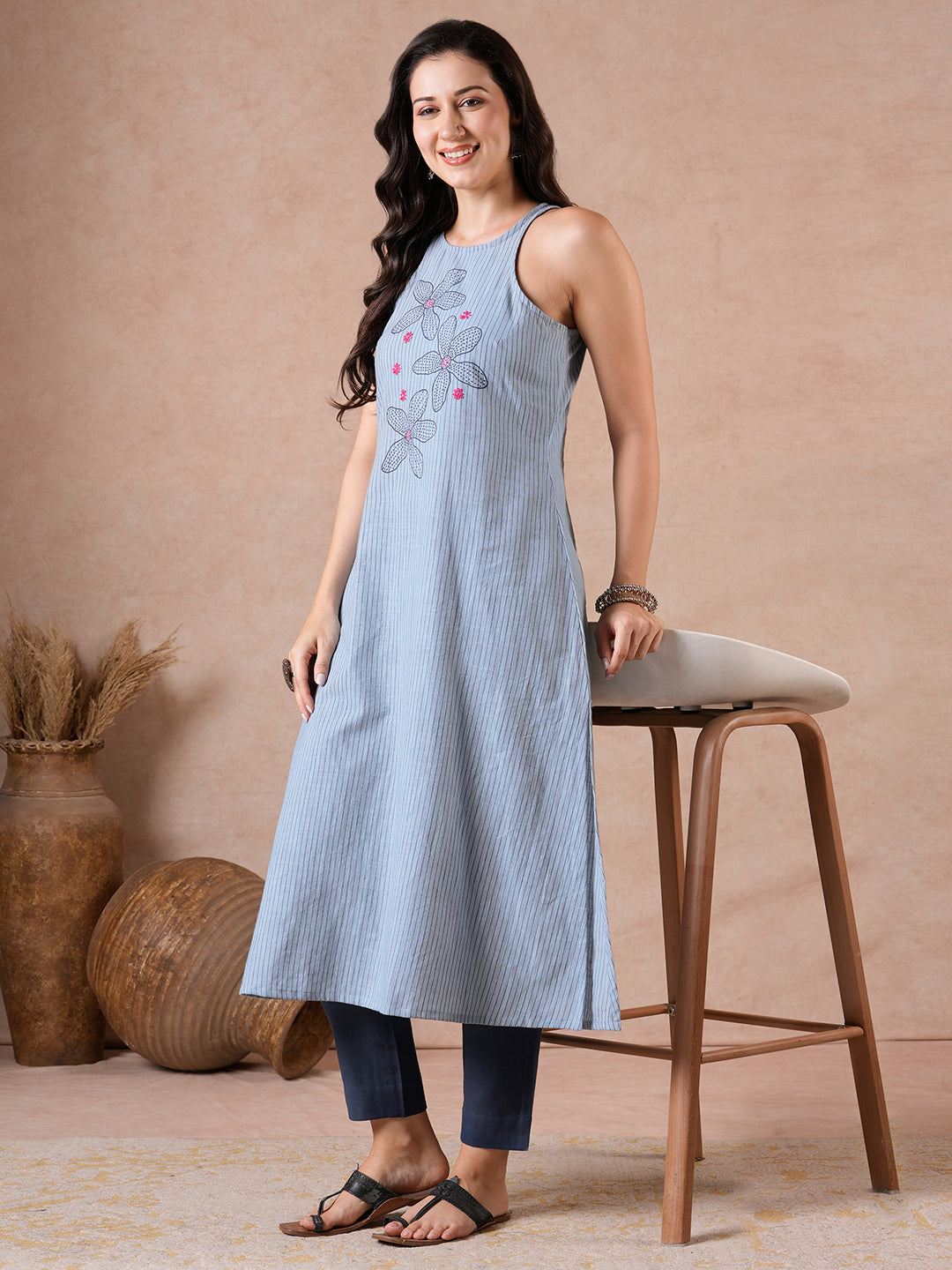 A-Line Cotton Stripe Kurta with Hand Block Print & Hand Embroidery.