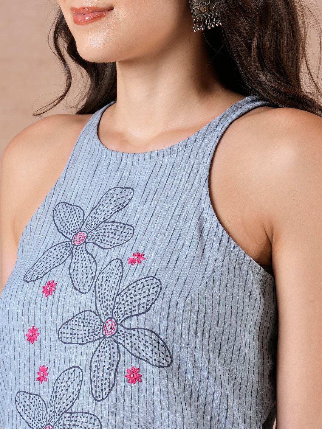 A-Line Cotton Stripe Kurta with Hand Block Print & Hand Embroidery.