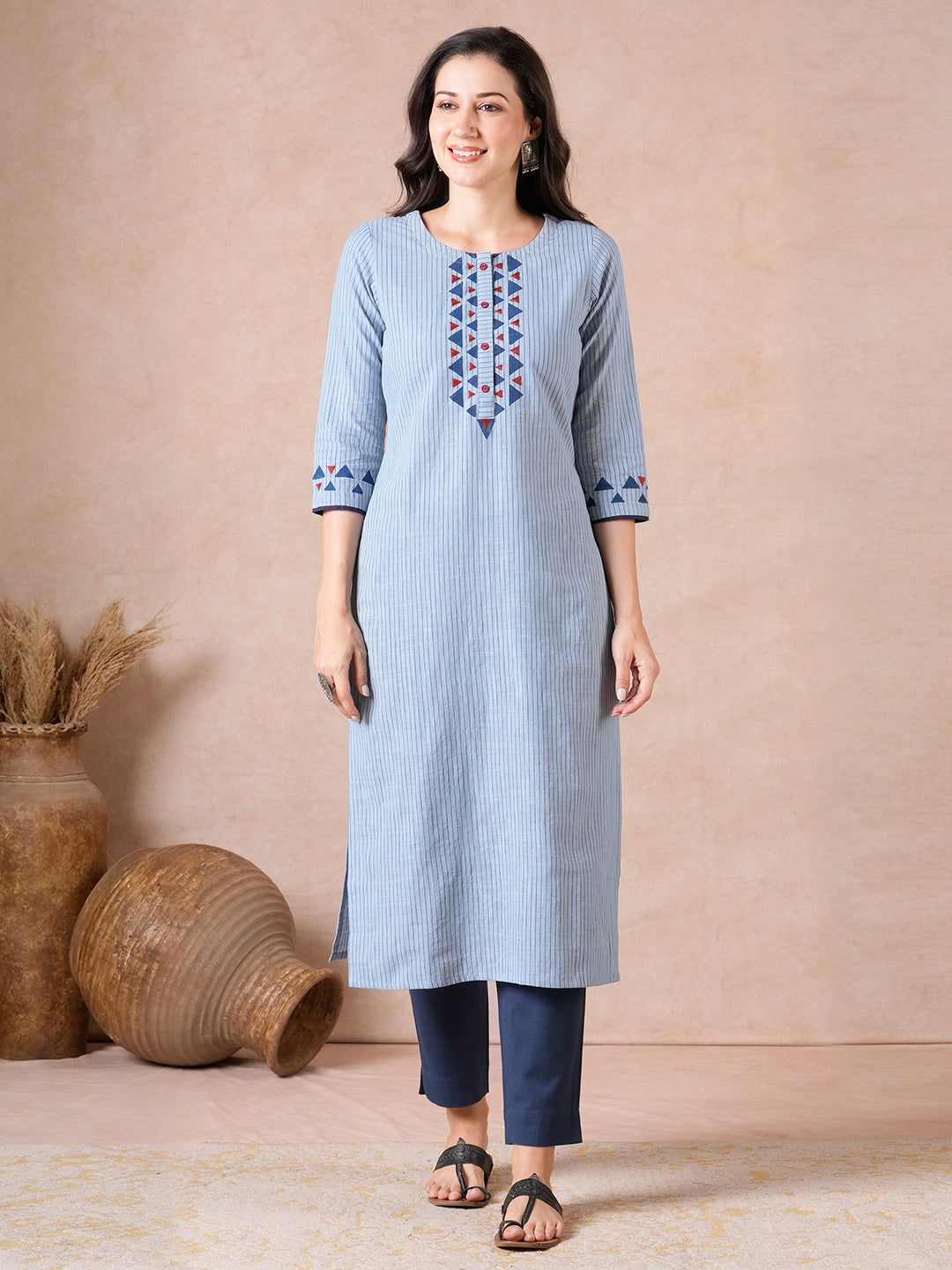Straight Fit Cotton Stripe Kurta with Block Print, Handwork & Eyelet Buttons.