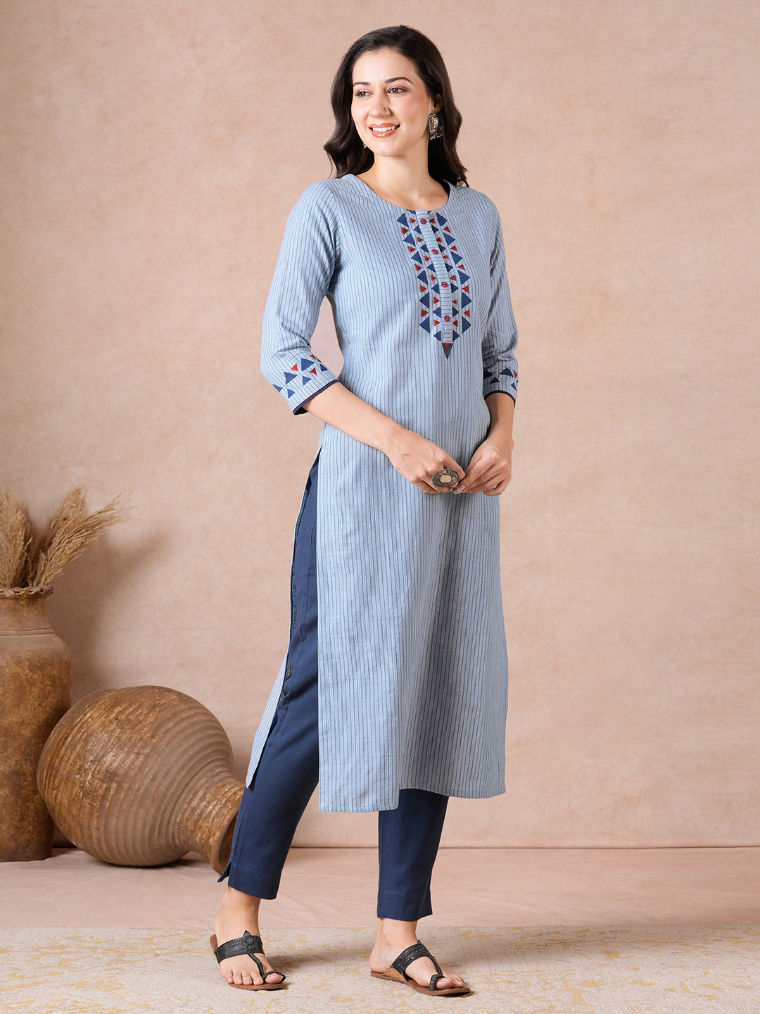 Straight Fit Cotton Stripe Kurta with Block Print, Handwork & Eyelet Buttons.